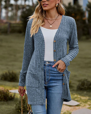 Women’s Cardigan – Relaxed Fit – Ribbed Knit – Button Front – Mid-Thigh – Pockets
