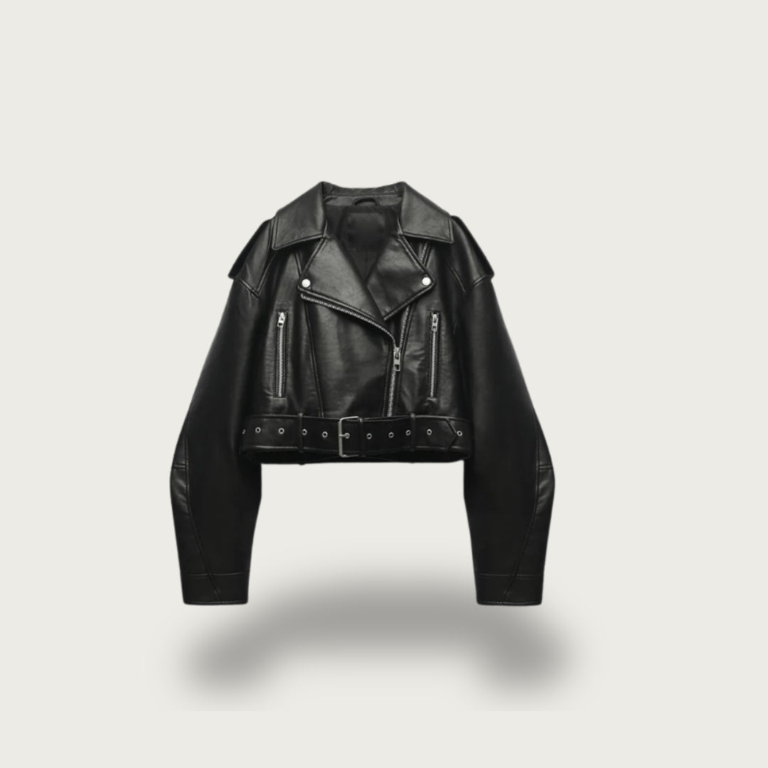 Cropped biker belted jacket for women