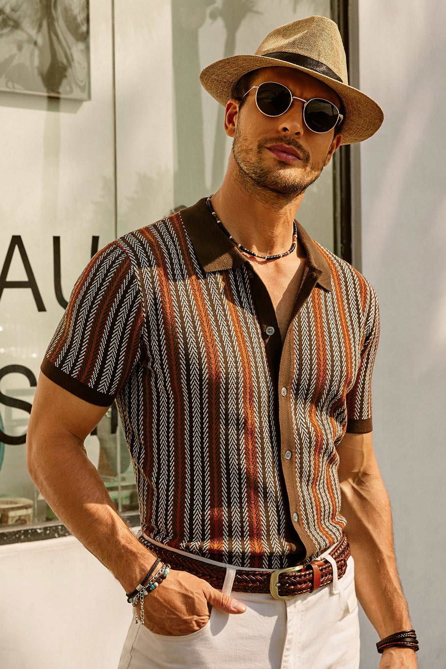 Men’s Polo Shirt – Slim Fit – Retro Stripe – Button-Down – Short Sleeve Breathable