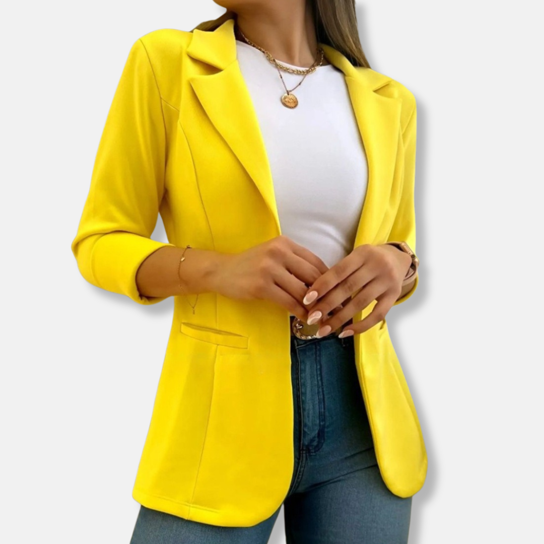 Women’s Blazer – Tailored Fit – Notched Lapel – 3/4 Sleeve – Flap Pockets – Hip Length