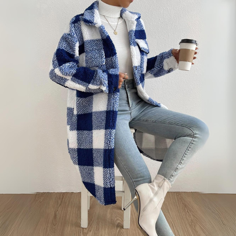 Scarlett - Open Button Plush Plaid Midi Jacket