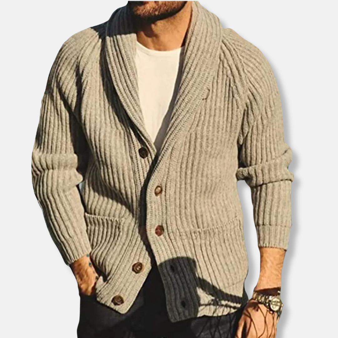 Men’s Knitted Cardigan – Slim Fit – Ribbed Texture – Shawl Collar – Patch Pockets