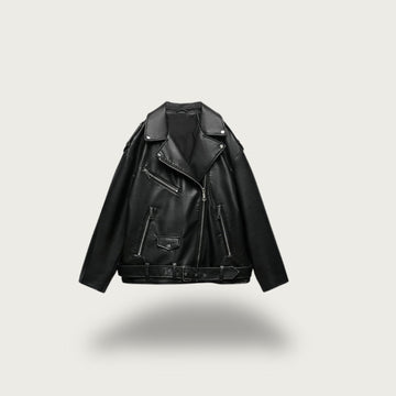 Oversized black belted waist biker jacket  for women