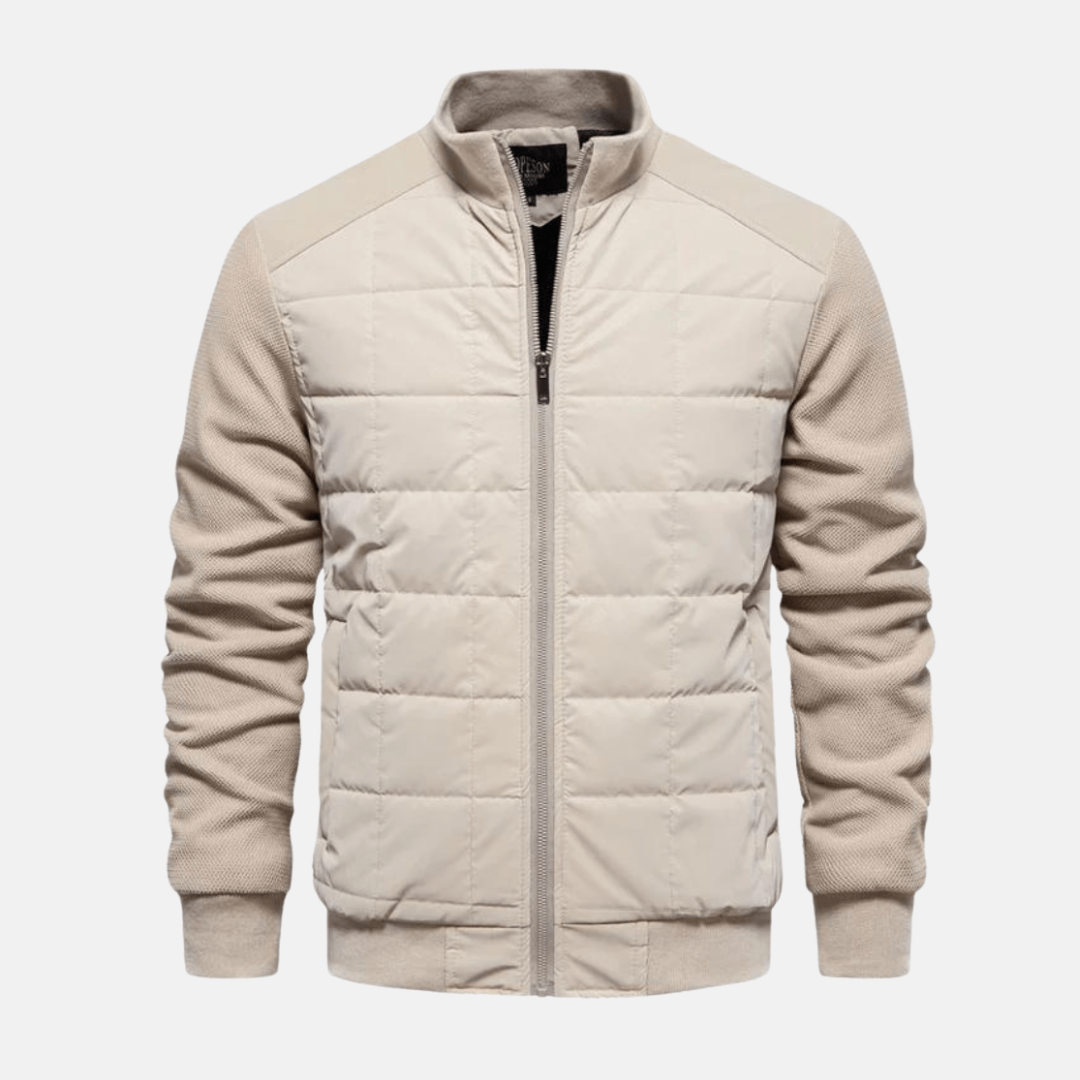 Men’s Quilted Jacket – Slim Fit – Knitted Sleeves – Stand-Up Collar – Full Zip Closure