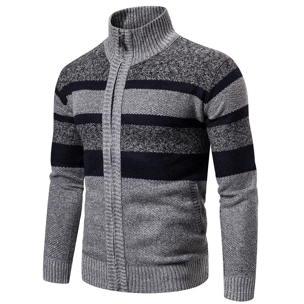 Striped knitted cardigan with high collar for men