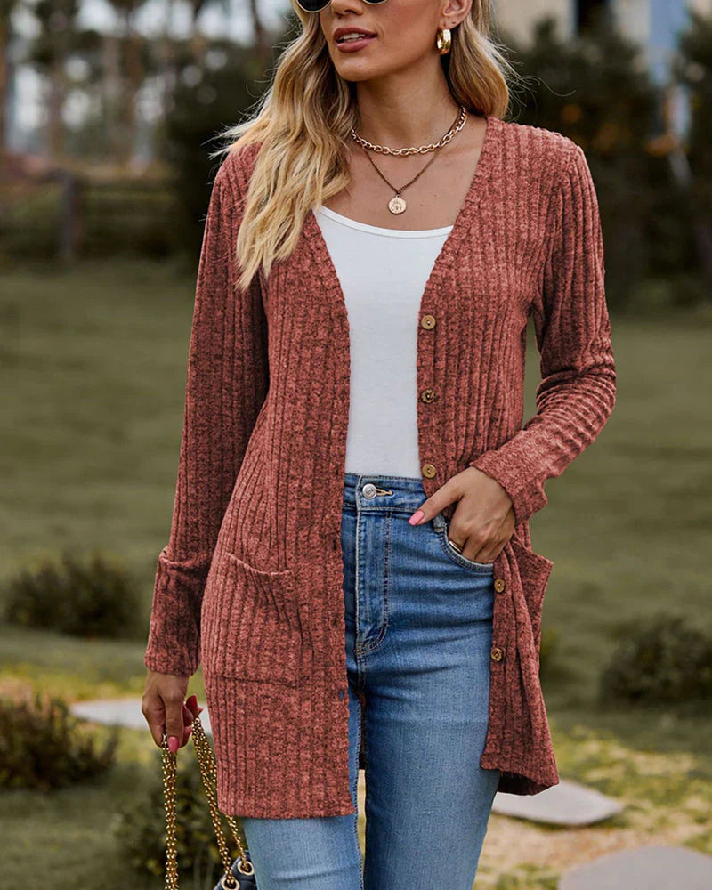 Women’s Cardigan – Relaxed Fit – Ribbed Knit – Button Front – Mid-Thigh – Pockets