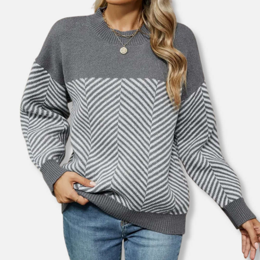 Women’s Sweatshirt – Relaxed Fit – Chevron Knit – Ribbed Crew Neck – Long Sleeve