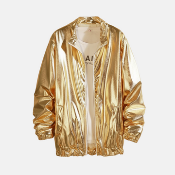 Men’s Streetwear Jacket – Glossy Finish – Loose Fit – Collarless Zip-Up – Elastic Trim