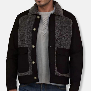 Men’s Jacket – Patchwork Design – Sherpa Collar – Wool Blend – Regular Fit – Waist-Length