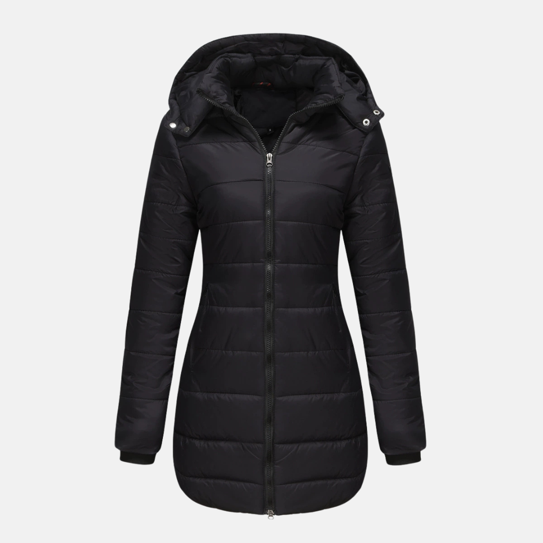 Women’s Puffer Jacket – Quilted Insulated – Detachable Hood – Ribbed Cuffs – Mid-Length Fit
