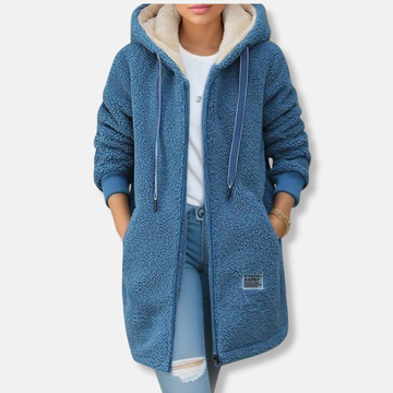 Women’s Hooded Jacket – Lambskin Plush – Oversized Fit – Zipper Front – Mid-Length