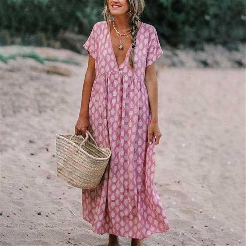 Women’s Maxi Dress – Relaxed Fit – V-Neck – Short Sleeve – Natural Fibers – Printed