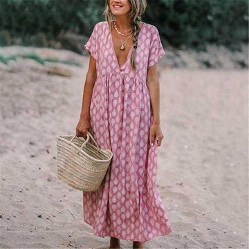 Women’s Maxi Dress – Relaxed Fit – V-Neck – Short Sleeve – Natural Fibers – Printed