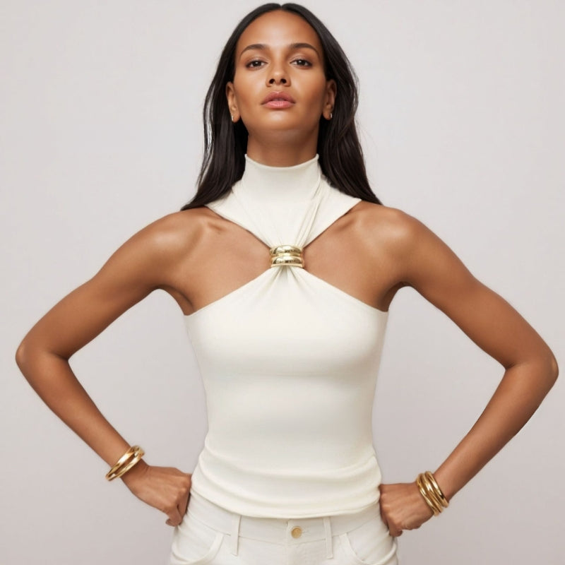 Women’s Tank Top – Slim Fit Halter Neck – Soft Knit – Metal Ring Detail