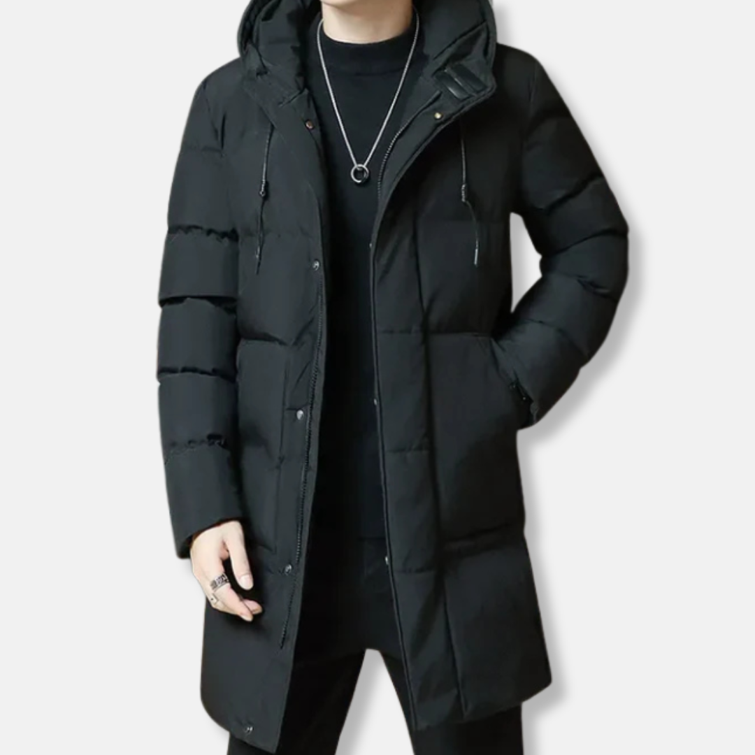 Men's Mid-Length Coat – Quilted Cotton – Hooded – Relaxed Fit – Insulated Warm Wear
