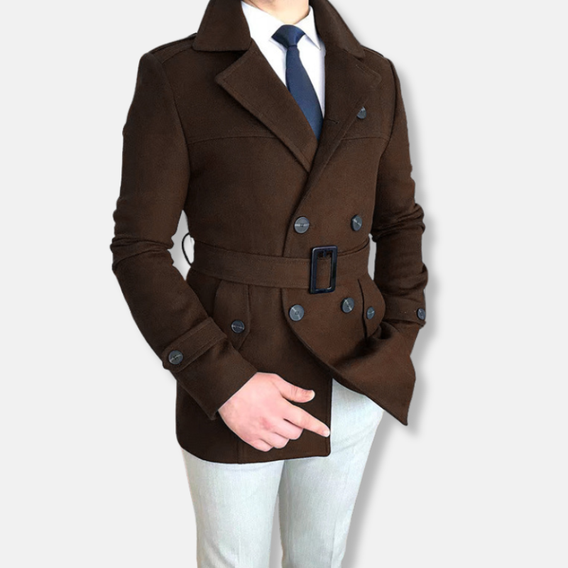 Men’s Short Jacket – Tailored Fit – Wool Blend – Double-Breasted – Belted Waist