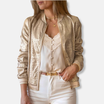 Women’s Bomber Jacket – Shiny Textured Fabric – Cropped Relaxed Fit – Zippered Pockets