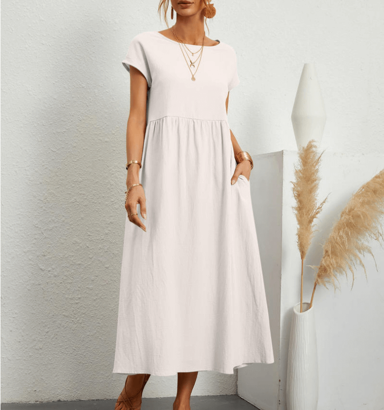 Women's Maxi Dress - Loose Fit - Short Sleeve - Round Neck - Flowy Casual Wear