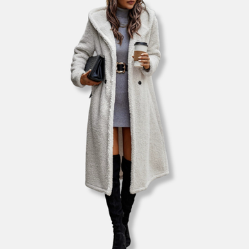 Women’s Long Coat – Plush Fabric – Relaxed Fit – Hooded – Notched Lapel – Full Length