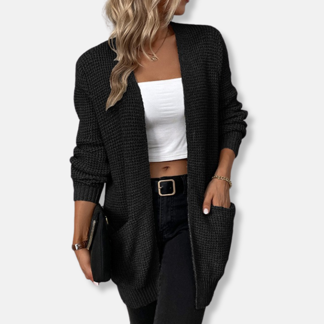Women’s Long Sleeve Cardigan – Waffle Knit – Relaxed Fit – Open Front with Pockets