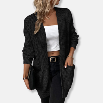 Women’s Long Sleeve Cardigan – Waffle Knit – Relaxed Fit – Open Front with Pockets