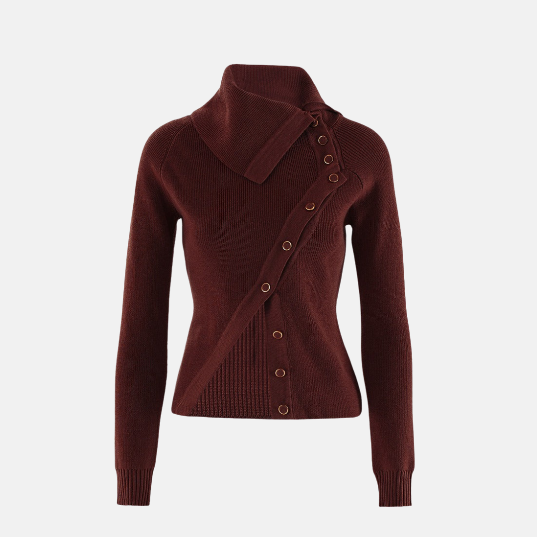 Women’s Knit Top – Slim Fit – Ribbed Texture – Asymmetrical Collar – Button Front