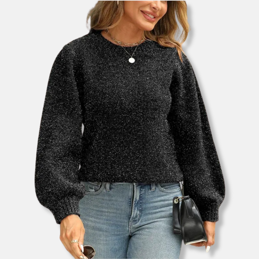 Women’s Sweatshirt – Relaxed Fit – Textured Knit – Puff Sleeves – Crew Neck