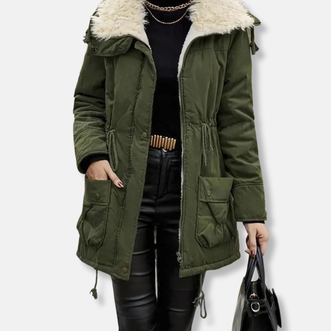 Women’s Parka Jacket – Mid-Length Relaxed Fit – Faux Fur Hood – Utility Pockets – Drawstring Waist