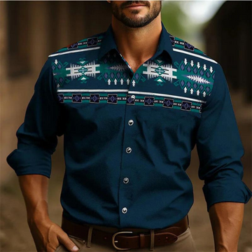 Men’s Button-Down Shirt – Tailored Fit – Long Sleeve – Retro Geometric Pattern – Breathable Fabric