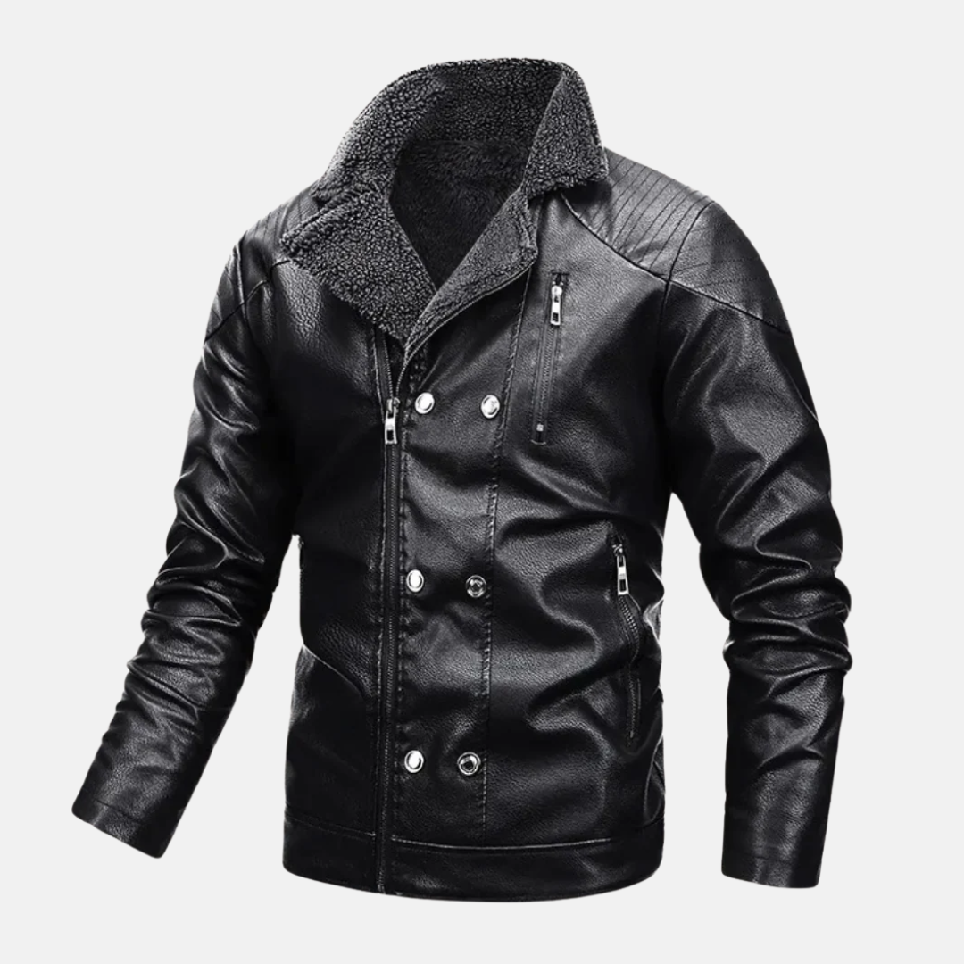 Men’s Faux Leather Jacket – Regular Fit – Shearling Lined – Quilted Shoulders – Dual Closure