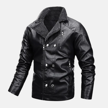 Men’s Faux Leather Jacket – Regular Fit – Shearling Lined – Quilted Shoulders – Dual Closure