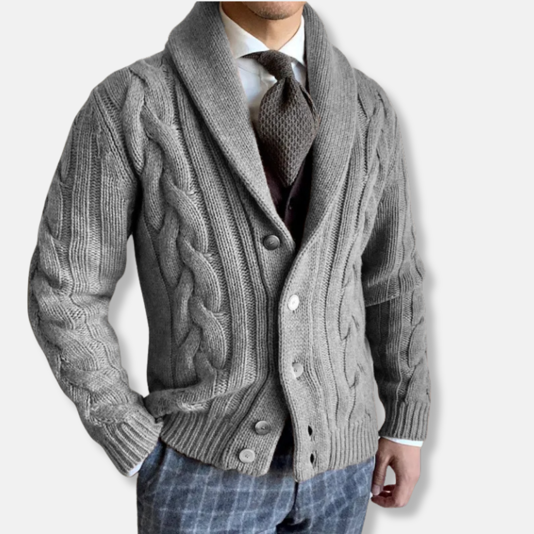 Men’s Knit Cardigan – Wool Blend – Regular Fit – Cable Knit – Shawl Collar – Button Down