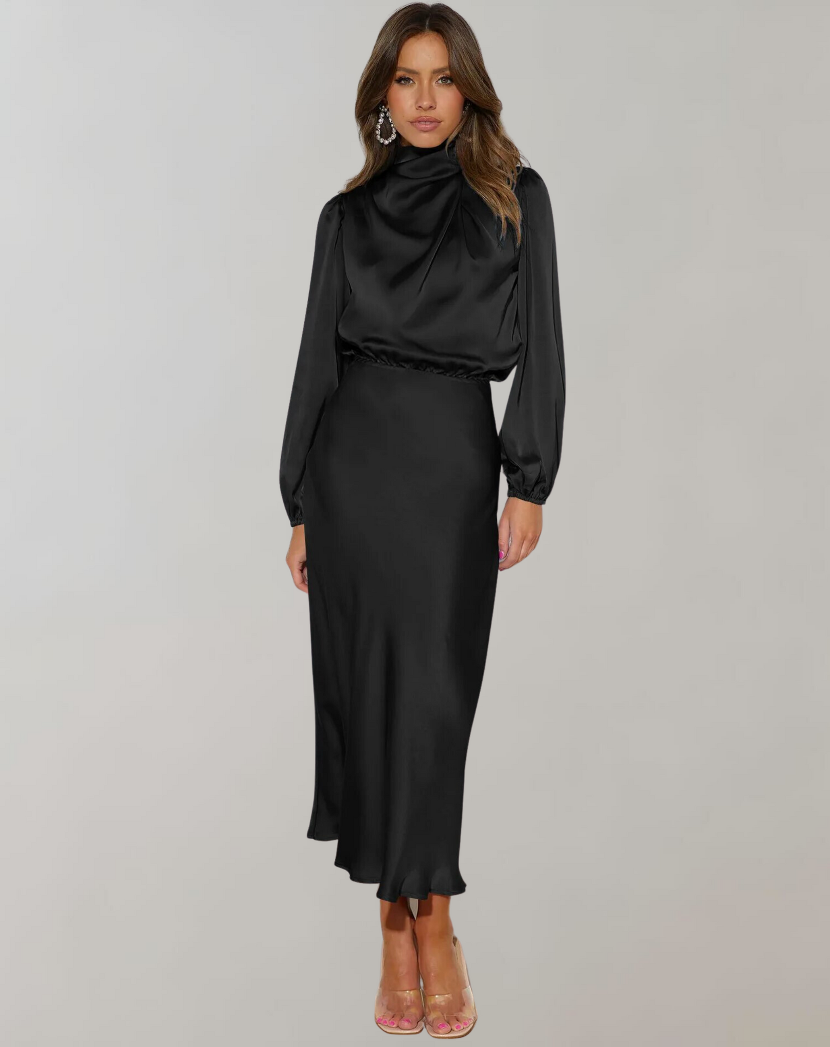 Turtle neck long sleeved satin midi dress for women