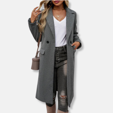 Women’s Long Coat – Wool Blend – Relaxed Fit – Double Breasted – Notched Lapel