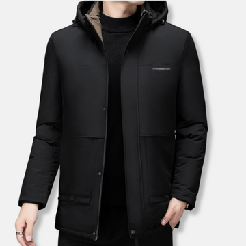 Men’s Mid-Length Coat – Padded Synthetic – Hooded with Drawstring – Zip Button Front