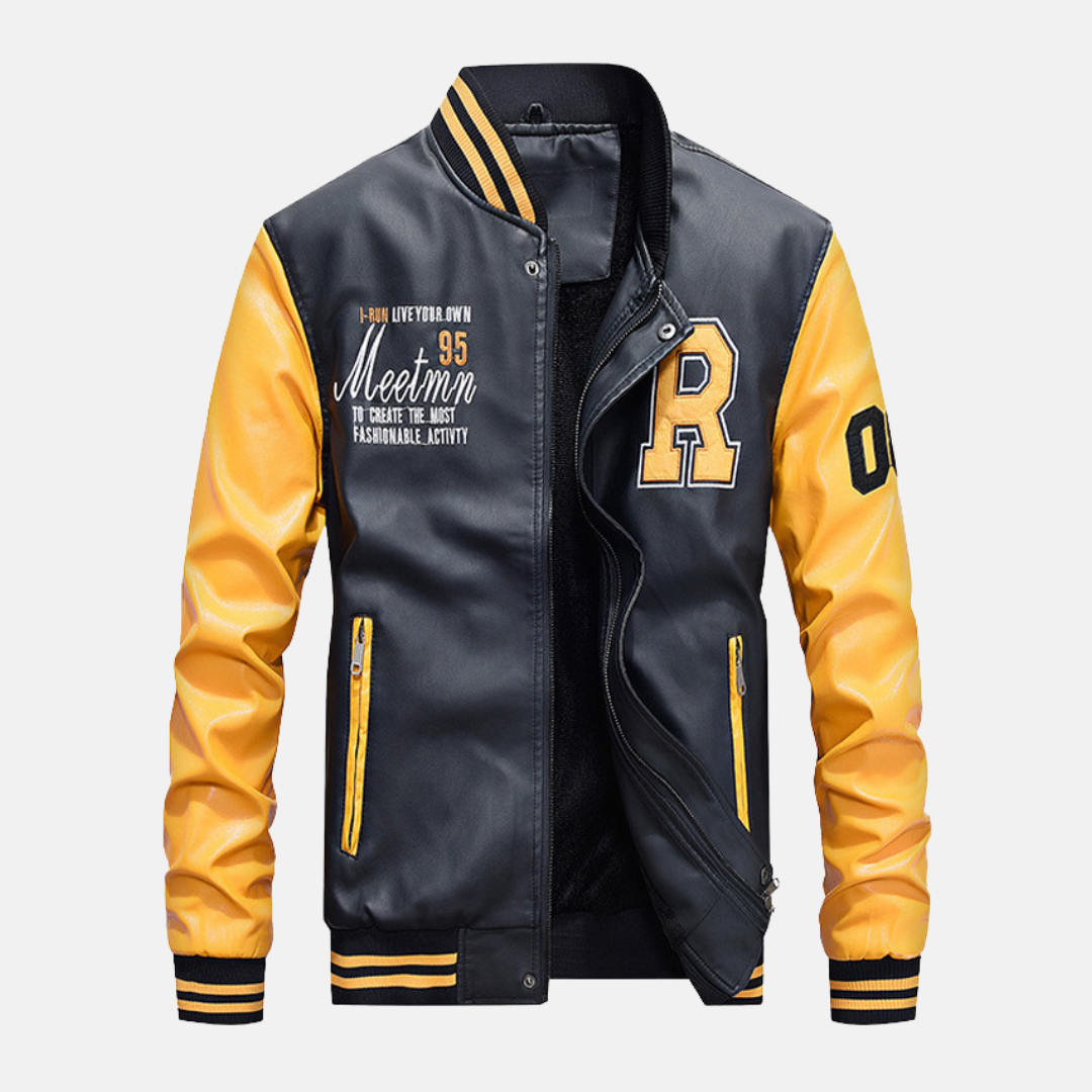 Men’s Varsity Jacket – Leather Body – Ribbed Trim – Snap Front – Embroidered Patches