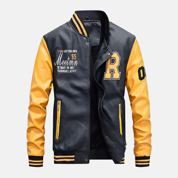 Men’s Varsity Jacket – Leather Body – Ribbed Trim – Snap Front – Embroidered Patches
