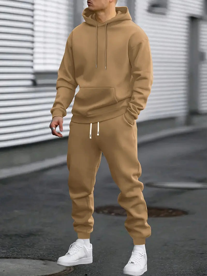 Men’s Two-Piece Tracksuit Set – Cotton Blend – Relaxed Fit – Hoodie with Pockets – Tapered Joggers