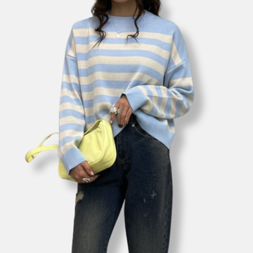 Women’s Pullover Sweatshirt – Loose Fit – Striped Knit – Ribbed Hem and Cuffs