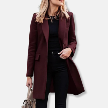 Women’s Longline Coat – Tailored Fit – Wool Texture – Notched Lapels – Flap Pockets