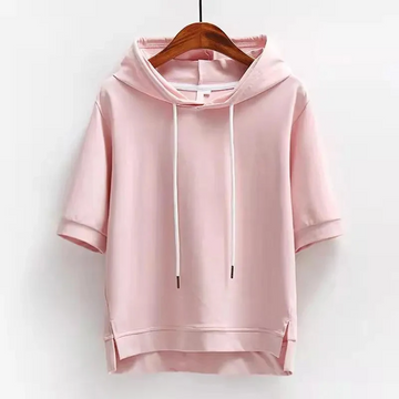 Isabella Cotton Relaxed Fit Short-Sleeve Hoodie | Hooded Hip-Length Hoodie