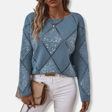 Women’s Knitted Sweatshirt – Relaxed Fit – Diamond Openwork – Sequin Long Sleeve