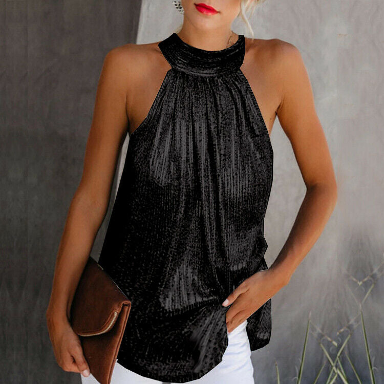 Women's Sleeveless Lace Top - Mock Neck Halter - Elegant Semi-Formal Wear