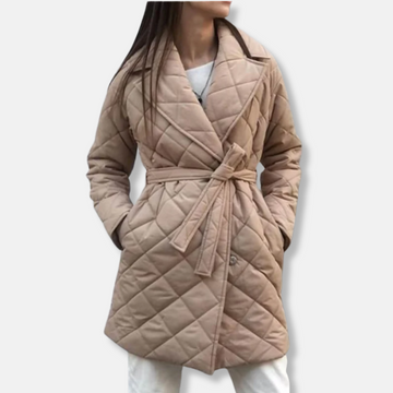Women’s Quilted Coat – Mid-Length Belted – Diamond Pattern – Notched Lapel – Side Pockets