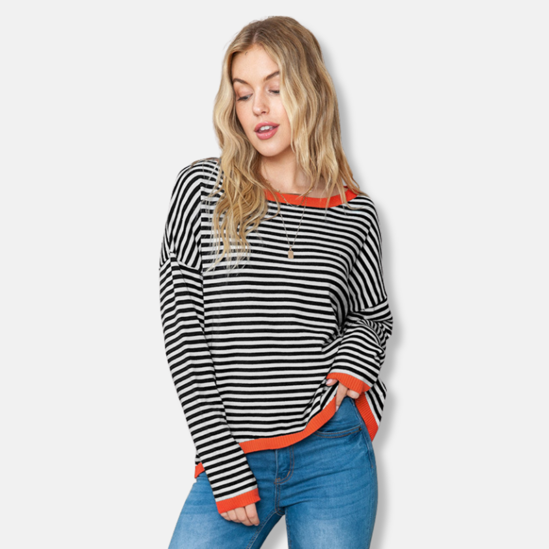 Women’s Sweater – Relaxed Fit – Knitted Stripe Design – Drop Shoulder – Ribbed Trim