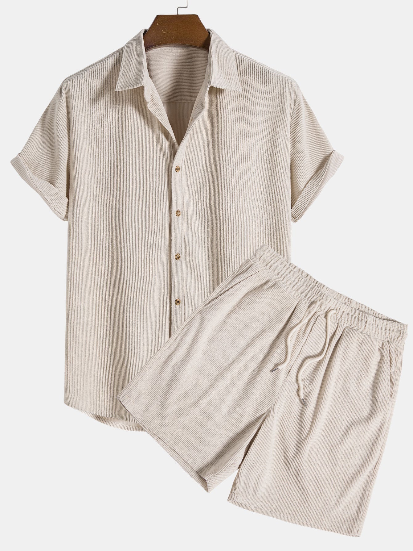 Short sleeved corduroy button up shirt & shorts set for men