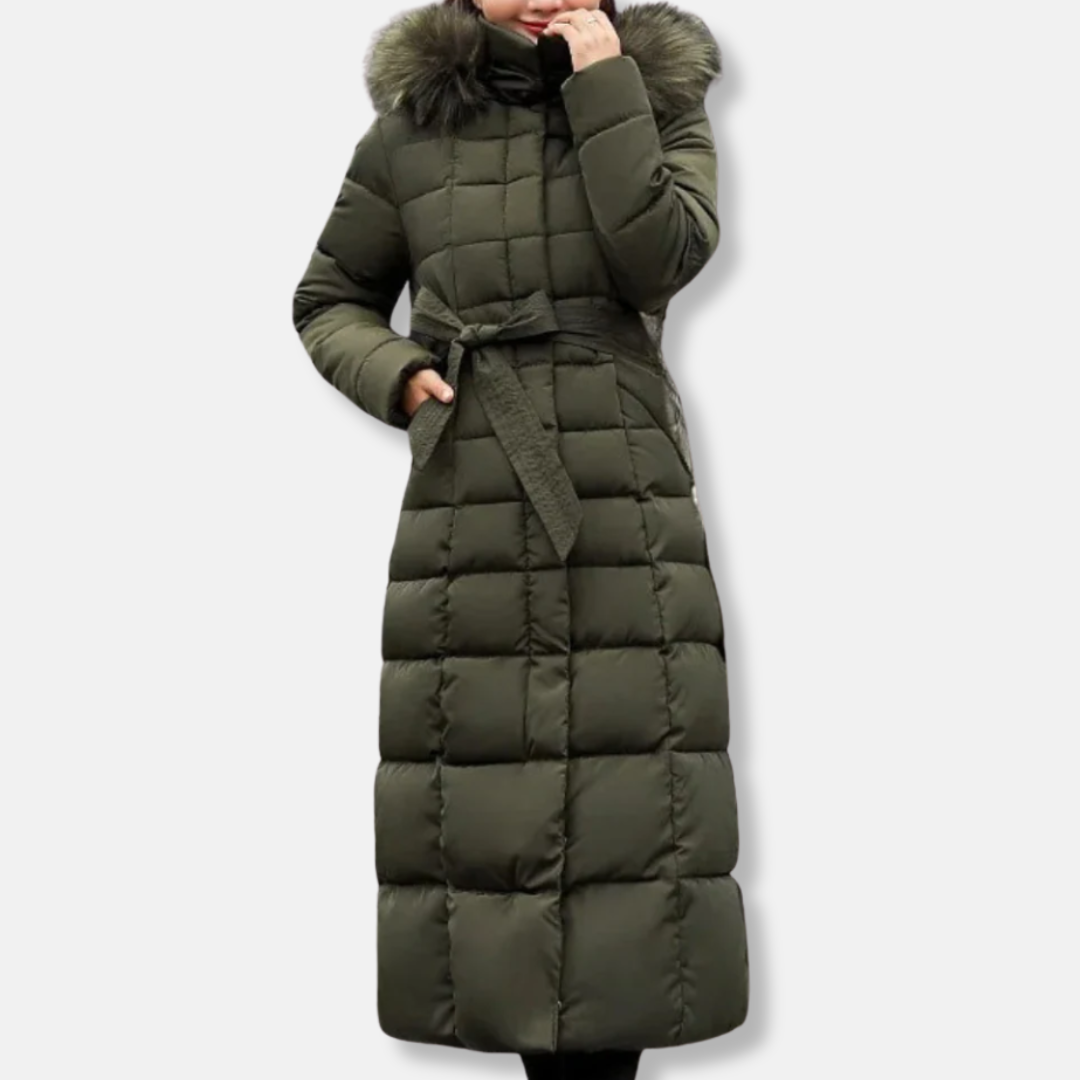 Women’s Quilted Coat – Long Insulated Fit – Belted Waist – Fur Trim Hood