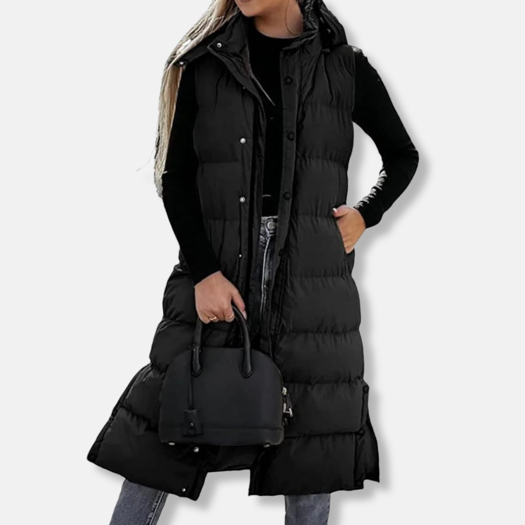 Women’s Long Vest – Quilted Hooded Design – Relaxed Fit – Sleeveless Zip Outerwear