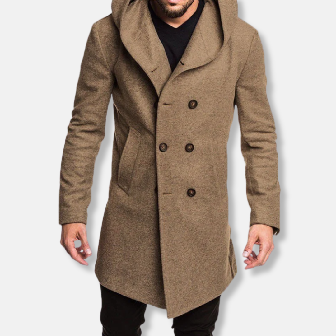 Men’s Long Wool Coat – Slim Fit – Double-Breasted Hooded – Formal Outerwear