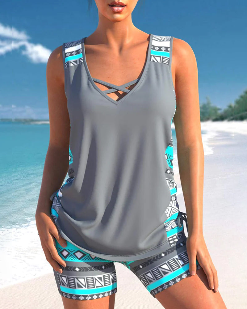 Women's Tankini Set – Relaxed Fit – Quick-Dry – Geometric Neckline – Adjustable Sides